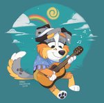 acoustic_guitar anthro blue_kerchief female guitar kerchief musical_instrument pawpads plucked_string_instrument rainbow smile solo string_instrument sun nikki_sketches bluey_(series) calypso_(bluey) australian_shepherd blue_merle canid canine canis domestic_dog herding_dog mammal pastoral_dog sheepdog 2019 hi_res signature