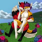 anthro claws duo facial_scar feet fluffy fluffy_tail hindpaw jewelry male male/male necklace nude nude_anthro open_mouth pawpads paws pepper_(azul) romantic romantic_couple scar tail unknown_artist xfotzy canid canine canis felid feline fox hybrid mammal true_fox wolf 1:1 hi_res