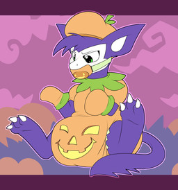 ambiguous_gender anthro blue_eyes blush bondage_gear bondage_gloves clothing diaper diaper_under_clothing gag gagged handwear holidays onesie pacifier pacifier_gag sitting solo tail young young_ambiguous young_anthro bubblepuppers halloween mythology dragon mythological_creature mythological_scalie scalie absurd_res hi_res