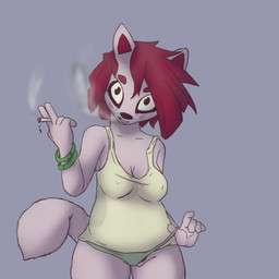 anthro bangle buckteeth cigarette clothing clothing_pull female freckles genitals jewelry panties panty_pull pubes shirt slightly_chubby smoke smoking solo tank_top teeth topwear underwear underwear_pull vulva knullox larrybay2 mammal procyonid raccoon 1:1 hi_res