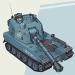 female self_propelled_artillery simple_background solo tank vehicle hideki_kaneda juzen_yuu_(hideki_kaneda) canid canine mammal raccoon_dog tanuki