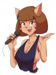 anthro big_breasts breasts brown_eyes brown_hair cleavage clothed clothing ear_piercing electronics fangs female fur hair huge_breasts looking_at_viewer microphone open_mouth piercing short_hair side_boob simple_background smile solo tan_body tan_fur teeth white_background dbaru hanna-barbera swat_kats ann_gora domestic_cat felid feline felis mammal 2018 portrait