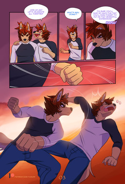 anthro black_nose bottomwear clothed clothing cloud denim denim_bottomwear denim_clothing fangs fully_clothed group jeans open_mouth outside pants punch shirt sky square_crossover sunset teeth text tongue topwear yuguni gunn_(yuguni) yuguni_(yuguni) canid canine canis domestic_dog mammal comic english_text