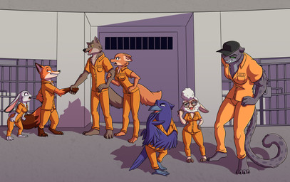 anthro avian_feet barefoot beak bottomwear breasts clothed clothing eyebrow_piercing eyewear facial_piercing feathers feet female fur gesture glasses grey_body grey_fur group handshake hat headgear headwear hooves male muscular muscular_anthro muscular_female narrowed_eyes open_mouth pants piercing prison prison_uniform purple_body shirt size_difference smile standing tail tail_feathers teeth toes topwear wearing_glasses hinzen disney dreamworks the_bad_guys zootopia dawn_bellwether diane_foxington doom_(the_bad_guys) judy_hopps kitty_kat_(the_bad_guys) mr._wolf_(the_bad_guys) nick_wilde avian bird bovid canid canine canis caprine corvid corvus_(genus) domestic_sheep european_rabbit felid fox lagomorph leporid mammal oryctolagus oscine pantherine passerine rabbit raven red_fox sheep snow_leopard true_fox wolf absurd_res crossover digital_media_(artwork) hi_res