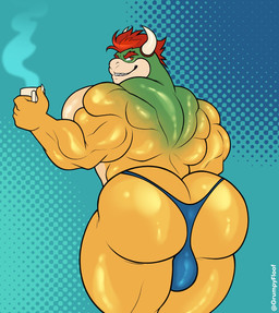 2_horns 4_fingers anthro back_muscles ball_bulge big_butt butt clothing coffee_mug container cup eyebrows fingers hair holding_container holding_cup holding_mug holding_object horn looking_back male mug muscular muscular_anthro muscular_male red_eyebrows red_hair solo text thick_thighs underwear yellow_body grumpyfloof mario_bros nintendo bowser koopa scalie 2026 absurd_res digital_drawing_(artwork) digital_media_(artwork) english_description english_text hi_res