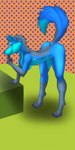 anthro blue_body blue_fur female focusing fur grey_body grey_fur orange_background pattern_background purple_eyes simple_background solo mike_santos canid canine canis mammal wolf 1:2 absurd_res hi_res