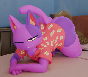all_fours anthro bed bedding bedroom big_butt bottomless bottomless_anthro bottomless_male butt clothed clothing feces feces_on_bed feces_pile floral_clothing floral_pattern fur furniture genitals inner_ear_fluff male male_pooping markings narrowed_eyes on_bed one_eye_closed open_mouth open_smile penis pillow pooping pooping_on_bed purple_body purple_fur raised_tail scatplay smile solo spots spotted_body spotted_fur stink_fumes tail teeth tuft white_inner_ear_fluff yellow_sclera streetsign01 animal_crossing nintendo bob_(animal_crossing) domestic_cat felid feline felis mammal 3d_(artwork) blender_(artwork) digital_media_(artwork) hi_res