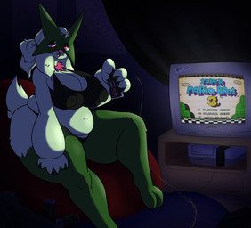 anthro big_breasts black_clothing black_panties black_topwear black_underwear breasts cleavage clothed clothing controller electronics eyelashes female front_view fur game_console green_body green_fur holding_controller holding_object huge_breasts looking_at_viewer mask monster_energy_can navel nipple_outline open_mouth overweight overweight_female panties pink_eyes pink_nose sitting solo text topwear underwear unfunnybill donkey_kong_(series) metroid monster_energy nintendo nintendo_entertainment_system pokemon super_mario_bros._3 diddy_kong donkey_kong_(character) samus_aran generation_9_pokemon meowscarada pokemon_(species) absurd_res english_text hi_res