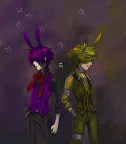 alternate_species belt bottomwear bow_tie button_(fastener) clothing collared_shirt dress_shirt duo fingers green_hair hair hair_over_eye humanoidized male one_eye_obstructed pants purple_hair scar shirt short_hair smile standing topwear torn_clothing sirmei five_nights_at_freddy's five_nights_at_freddy's_3 scottgames bonnie_(fnaf) springtrap_(fnaf) animal_humanoid humanoid lagomorph lagomorph_humanoid leporid_humanoid mammal mammal_humanoid rabbit_humanoid 2015 hi_res