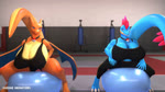 anthro anthrofied athletic_wear ball bent_legs big_breasts biped blue_body bottomwear bouncing_breasts bra breasts cleavage clothed clothing collar curvy_figure digitigrade duo exercise exercise_ball female front_view fully_clothed huge_breasts inside looking_back orange_body pants pokemorph sitting sitting_on_ball smile sports_bra spread_legs spreading tail thick_thighs tight_clothing underwear wings yoga_pants kasdaq nintendo pokemon yuki_(evov1) yukigatr_(evov1) yukizard_(evov1) charizard feraligatr generation_1_pokemon generation_2_pokemon pokemon_(species) scalie 16:9 3d_(artwork) 3d_animation animated digital_media_(artwork) hi_res high_framerate no_sound short_playtime webm widescreen