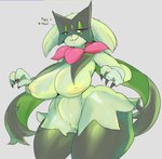 anthro areola big_areola big_breasts breasts female genitals green_body grey_background huge_breasts huge_hips huge_thighs looking_at_viewer nipples pokemorph puffy_areola pussy simple_background smile solo thick_thighs wide_hips yellow_areola yellow_nipples gikowinko nintendo pokemon felid feline generation_9_pokemon mammal meowscarada pokemon_(species) hi_res