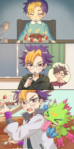age_progression anthro birthday_cake blush cake cutlery dessert food fork green_body hug kitchen_utensils long_tongue male smile text tongue tongue_out tools young maro11z bandai_namco digimon digimon_beatbreak asuka_tenma tomoro_tenma digimon_(species) gekkomon human mammal scalie 2026 comic english_text hi_res