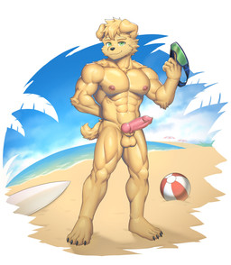 abs animal_genitalia animal_penis anthro balls beach biceps canine_genitalia canine_penis erection forearm_muscles fur genitals green_eyes hair knot male muscular muscular_male nipples nude pecs penis sea smile solo standing water yellow_body yellow_fur thobeo20vn bird_dog canid canine canis domestic_dog golden_retriever hunting_dog mammal retriever absurd_res hi_res