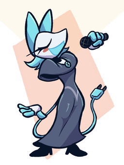 anthro blue_hair cable_tail clothing dress electrical_plug_tail electronics eyes_closed female fingers floating_hands footwear hair high_heels holding_microphone holding_object machine microphone open_mouth shoes simple_background smile solo standing tail advos deltarune undertale_(series) tasque_manager darkner felid feline mammal robot 3:4 digital_media_(artwork) full-length_portrait hi_res portrait