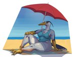 4_toes 5_fingers anisodactyl anthro avian_feet beach beach_towel beach_umbrella beak belly big_belly big_breasts biped black_claws black_eyes bottomwear breasts claws cleavage clothed clothing curvy_figure day detailed_background digitigrade eyelashes feathers feet female finger_claws fingers fully_clothed grey_body grey_feathers hand_on_knee hand_on_leg hand_on_own_knee hand_on_own_leg holding_knee holding_leg light looking_at_viewer mature_anthro mature_female multicolored_body multicolored_feathers navel non-mammal_breasts non-mammal_navel one-piece_swimsuit open_beak open_mouth outside overweight overweight_anthro overweight_female parasol pose sand scuted_arms scutes sea seaside shadow sitting skimpy sky solo sunlight swimwear tail tail_feathers thick_thighs toe_claws toes topwear towel two_tone_body two_tone_feathers umbrella voluptuous water white_body white_feathers wide_hips yellow_beak yellow_sclera zed-s eve_(maladyviolet) avian bird great_blue_heron great_heron heron pelecaniform 2023 4:3 absurd_res digital_media_(artwork) full-length_portrait hi_res lighting portrait shaded