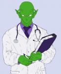 5_fingers antennae_(anatomy) book doctor fingers green_body green_skin humanoid_pointy_ears lips looking_at_viewer male necktie not_furry pen pointy_ears simple_background solo methados daily_dose dragon_ball piccolo alien humanoid namekian digital_media_(artwork) source_request