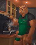 4:5 5_fingers anthro apron balls barista bear beverage biceps bottle bottomless brown_body brown_eyes brown_fur cafe circumcised clothed clothing coffee coffee_shop container detailed_background english_text erection fauna_island fingers fur genitals hi_res humanoid_genitalia humanoid_penis humor inside male mammal muscular muscular_anthro muscular_male pecs penis polo_shirt public public_erection public_nudity pun shirt signature solo standing steam text topwear unprofessional_behavior visual_pun