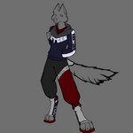 anthro blue_clothing blue_hoodie blue_topwear bottomwear branded_clothing cheek_tuft clothing facial_tuft fluffy fluffy_tail footwear hoodie male pants shoes solo sweatpants tail topwear tuft worldbuilding biohound canid canine canis mammal wolf 1:1 absurd_res hi_res unfinished