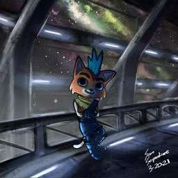 anthro big_eyes boots clothing crossed_arms detailed_background eye_reflection footwear fur galaxy glistening glistening_eyes inside leaning leaning_backward lights looking_at_viewer male mohawk orange_body orange_fur reflection ship shoes short smile solo space star toony vehicle watercraft sean_serpentine final_space little_cato felid mammal ventrexian 1:1 absurd_res hi_res huge_filesize