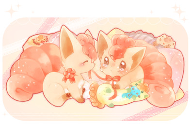 3_toes abstract_background accessory ambiguous_gender blush bodily_fluids bow_tie brown_body brown_eyes brown_fur brown_inner_ear brown_markings brown_pawpads crying curled_tail digitigrade eyes_closed featureless_feet featureless_hands feet feral fur gloves_(marking) green_body green_eyes green_fur green_inner_ear group hair hair_accessory hairclip head_in_mouth holding_another leg_markings lying markings mouth_hold multi_tail neck_ribbon on_front on_side orange_body orange_fur orange_hair orange_tail pawpads pillow red_body red_bow_tie red_fur red_hair red_ribbon red_tail ribbon_in_mouth sitting socks_(marking) sparkles star tail tears toes white_body white_fur white_markings yellow_body yellow_fur michi_runi nintendo pokemon canid canine generation_1_pokemon generation_2_pokemon mammal pokemon_(species) shiny_pokemon vulpix wooper unavailable_at_source