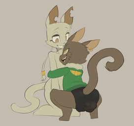 ambiguous_gender ambiguous_pooping anthro black_bottomwear black_clothing bottomwear brown_body brown_eyes brown_fur cheek_tuft clothing crouching duo ear_piercing ear_ring eyebrows facial_tuft feces fur green_clothing green_topwear head_tuft hug hugging_another kneeling looking_down looking_down_at_another looking_up_at_another narrowed_eyes notched_ear open_mouth open_smile piercing raised_eyebrows raised_tail ring_piercing scatplay smile soiled soiled_bottomwear soiling soiling_bottomwear tail teeth topwear tuft white_body white_fur yellow_eyes mvsnake kihl_(mvsnake) domestic_cat felid feline felis mammal hi_res