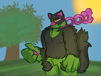 anthro black_body black_fur fur green_body green_fur multicolored_body multicolored_fur muscular simple_background sun toxic_chain unknown_artist nintendo pokemon canid canine generation_9_pokemon legendary_pokemon mammal okidogi pokemon_(species) 4:3 hi_res shaded