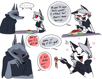 anthro black_sclera blush braided_hair braided_ponytail clothing cutlery dialogue duo eye_contact eyes_closed female fingerless_gloves food fork fur gloves grey_body grey_fur grey_hair hair handwear heart_symbol kitchen_utensils looking_at_another male pasta plate ponytail red_eyes red_sclera spaghetti speech_bubble text tools white_body white_eyes white_fur emositecc dreamworks hellaverse helluva_boss mythology puss_in_boots_(franchise) death_(puss_in_boots) loona_(helluva_boss) canid canid_demon canine canis demon hellhound mammal mythological_canine mythological_creature wolf comic english_text hi_res