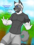 anthro athletic blue_eyes bodily_fluids bottomwear clothing dialogue electronics grin male muscular offscreen_character phone plant shirt shorts sky smile solo sun sweat text tight_clothing topwear tree phrostbite russel_ortaiga_russio akita canid canine canis domestic_dog mammal spitz absurd_res english_text hi_res signature