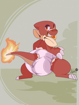 3_fingers 3_toes ambiguous_gender anthro band-aid band-aid_on_face band-aid_on_nose bandage bandage_on_face bandage_on_nose big_diaper claws clean_diaper clothed clothing diaper fangs feet finger_claws fingers fire flaming_tail kerchief looking_back narrowed_eyes neckerchief neckwear red_body solo standing tail teeth toe_claws toes tongue tongue_out wearing_diaper white_claws white_finger_claws white_toe_claws typhy nintendo pokemon cola_(typhy) charmeleon generation_1_pokemon pokemon_(species) 2020 3:4 full-length_portrait hi_res portrait signature