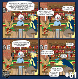 anthro bar female humor male text ariesartist ben_(ariesartist) daisy_(ariesartist) roger_(ariesartist) bird_dog bovid canid canine canis caprine domestic_dog fennec_fox fox hunting_dog labrador mammal retriever sheep true_fox absurd_res alpha_channel comic english_text hi_res