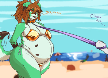 anthro antlers beach belly belly_nipples big_belly big_breasts bikini bikini_bottom bikini_top blurred_background breasts brown_body brown_ear_tips brown_ears brown_fur brown_nipples brown_tail_tip clothing collar dipstick_ears dipstick_tail ear_markings ear_piercing ear_ring female fur gloves_(marking) gold_bikini gold_bikini_bottom gold_bikini_top green_body green_fur horn leash leash_pull leashed_collar leg_markings markings multi_nipple multicolored_ears navel nipples offscreen_character offscreen_dominant orange_collar outie_navel piercing pregnant pregnant_anthro pregnant_female ring_piercing sand sea socks_(marking) solo submissive submissive_female swimwear tail tail_markings tail_motion tailwag talking_to_another text two-piece_swimsuit walking water wearing_collar yellow_eyes deerpuppyy golden_week mint_the_deerpuppy canid canine deer hybrid mammal absurd_res english_description english_text hi_res