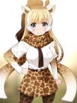 animal_print belt big_breasts biped blonde_hair blurred_background blush bottomwear breasts brown_clothing brown_hair brown_horn brown_spots clothed clothing dress_shirt female fist front_view giraffe_print grey_eyes hair hand_on_hip horn humanoid_hands inner_ear_fluff japanese legwear light_body light_skin long_hair looking_at_viewer mane multicolored_hair necktie ossicone pattern_clothing scarf shirt simple_background skirt smile soft_focus solo spots spotted_clothing standing tan_body tan_skin tights topwear tuft white_background white_clothing white_hair yellow_clothing 10ki38 kemono_friends reticulated_giraffe_(kemono_friends) animal_humanoid giraffe giraffid giraffid_humanoid humanoid mammal mammal_humanoid 2018 3:4 digital_drawing_(artwork) digital_media_(artwork) portrait three-quarter_portrait warm_colors yellow_theme