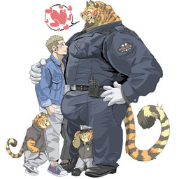 anthro arm_around_shoulders beard belt big_bulge big_muscles big_pecs black_hair blonde_hair blush bottomwear bulge clothing countershading eye_contact facial_hair family footwear fur gay_dads group hair heart_symbol holding_partner hug human_on_anthro interspecies jacket larger_anthro larger_male looking_at_another male male/male multicolored_body multicolored_fur muscular orange_body orange_fur pants pecs police police_hat police_officer police_uniform romantic romantic_couple shoes size_difference smaller_human smaller_male striped_body striped_fur stripes tail topwear uniform yellow_body yellow_fur young chan_kiti_chan felid human mammal pantherine tiger 1:1 hi_res father_(lore) father_and_child_(lore) father_and_son_(lore) parent_(lore) parent_and_child_(lore) parent_and_son_(lore) son_(lore)