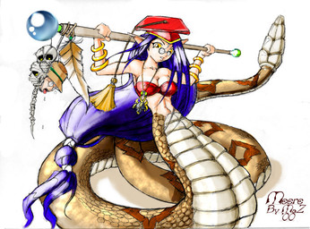apode bangle blue_hair bone breasts cleavage clothed clothing eyewear feathers female glasses hair hat headgear headwear humanoid_pointy_ears jewelry legless long_hair looking_at_viewer melee_weapon necklace non-mammal_breasts pointy_ears polearm rattle_(anatomy) serpentine skull solo split_form staff weapon yellow_eyes unknown_artist maz draconcopode humanoid lamia pit_viper rattlesnake reptile scalie snake viper 2000