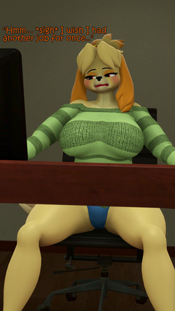 anthro blonde_hair blue_clothing blue_panties blue_underwear breasts chair clothing eyebrows female furniture green_clothing green_topwear hair office_chair on_chair open_mouth panties red_eyes sitting sitting_on_chair solo spread_legs spreading swivel_chair text topwear underwear yellow_body coriponer highwizard_(modeler) animal_crossing nintendo isabelle_(animal_crossing) canid canine canis domestic_dog mammal shih_tzu toy_dog 2025 3d_(artwork) 4k 9:16 absurd_res digital_media_(artwork) english_text hi_res source_filmmaker_(artwork)