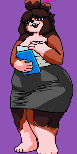 4_toes 5_fingers alternate_species anthro big_butt biped black_eyes bottomwear breasts brown_body brown_fur butt clipboard clothing dark_eyes feet female female_anthro fingers fur grey_bottomwear grey_clothing grey_skirt hand_holding_object hand_on_chest looking_at_viewer multicolored_body multicolored_fur purple_background secretary secretary_outfit simple_background skirt small_breasts smile smiling_at_viewer solo standing thick_thighs toes topwear white_clothing white_topwear mochfun2 animal_crossing nintendo isabelle_(animal_crossing) bernese_mountain_dog canid canine canis domestic_dog mammal molosser mountain_dog swiss_mountain_dog hi_res signature