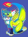 4_fingers 4_toes all_fours anthro blue_background chest_tuft fangs feet fingers fire flaming_tail fur fur_tuft green_body green_fur green_tail horn multicolored_tail nude open_mouth pawpads paws simple_background tail teeth toes tongue tuft white_body white_fur yellow_pawpads color_fox mythology dragon furred_dragon furred_scalie mythological_creature mythological_scalie scalie absurd_res full-length_portrait hi_res portrait restricted_palette