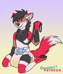 anthro begging blush blush_lines bodily_fluids clothed clothing collar diaper diaper_use genital_fluids holding_leash holding_object kneeling leash looking_at_viewer male pawpads solo urine wearing_diaper wetting omopaws canid canine fox mammal hi_res