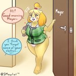 anthro big_breasts bottomless breasts clothed clothing dialogue female genitals pussy smile solo text thick_thighs mawliet animal_crossing nintendo isabelle_(animal_crossing) canid canine canis domestic_dog mammal 1:1 2019 english_text hi_res