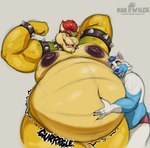 anthro areola armband belly big_areola big_belly big_nipples bracelet claws clothing collar duo fangs fist flexing flexing_bicep fur hair half-closed_eyes hand_behind_head hand_on_belly horn huge_nipples jewelry male moobs narrowed_eyes navel nipples nude nude_male obese obese_anthro obese_male open_mouth overweight overweight_anthro overweight_male red_hair rumbling_stomach scales smile sound_effects spiked_armband spiked_bracelet spiked_collar spikes teeth text thong tongue underwear husky2paws mario_bros nintendo bowser fan_character canid canine canis koopa mammal scalie wolf 2025 hi_res signature