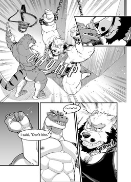 abs anthro armpit_hair asian_clothing beard body_hair bound bulge chain chained chained_cuffs clothed clothing dialogue duo east_asian_clothing facial_hair fundoshi japanese_clothing jockstrap jockstrap_only kneeling kneeling_on_ground male male/male nipples pecs restrained shirt sound_effects speech_bubble tail tank_top text topless topwear underwear underwear_only kumagaya_shin love_mechanic bear lizard mammal reptile scalie comic digital_media_(artwork) english_text hi_res monochrome translated