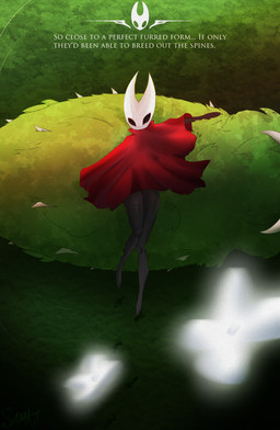 anthro caressing cloak clothing female footsteps glistening grass horn laid_back lying moss on_back plant solo spine text white_light samkit hollow_knight_(franchise) team_cherry hornet_(hollow_knight) arachnid arthropod butterfly humanoid insect lepidopteran mossgrub spider absurd_res english_text hi_res
