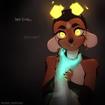anthro bridge_piercing buzz_cut countershading ear_piercing ear_ring facial_piercing female glowing glowing_eyes hand_on_arm horn magic nose_piercing piercing ring_piercing solo striking_a_deal tan_body text yellow_eyes conditional_dnp pudgeruffian kody_(pudgeruffian) bovid caprine demon goat mammal 1:1 absurd_res english_text hi_res