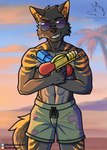 anthro cheek_tuft clothing crossed_arms eyewear facial_tuft fur green_clothing green_swimming_trunks green_swimwear grey_body grey_fur inner_ear_fluff male markings orange_inner_ear orange_inner_ear_fluff orange_markings smile smirk solo sunglasses swimming_trunks swimwear toy toy_gun tuft water_gun blackfreeman youngsun_(y15un) ember_wolf 2023 digital_media_(artwork) digital_painting_(artwork) hi_res