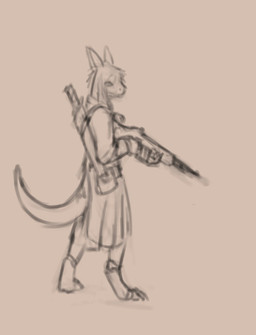 ambiguous_gender anthro clothed clothing gun holding_gun holding_object holding_ranged_weapon holding_weapon melee_weapon ranged_weapon simple_background solo standing sword tail three-quarter_view unsigned weapon conditional_dnp kiva~ species_request full-length_portrait hi_res monochrome portrait sketch