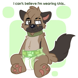 anthro clean_diaper clothed clothing diaper diaper_only front_view male sitting solo text topless wearing_diaper kibacpup pixie_and_brutus brutus_(pixie_and_brutus) canid canine canis domestic_dog mammal 1:1 english_text hi_res