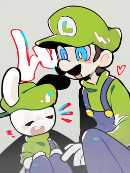 4_fingers anthro backwards_hat bent_arm bent_legs biped black_facial_hair black_mustache black_outline blue_clothing blue_eyes blue_outline blue_overalls blush brown_hair buckteeth button_(fastener) clothed clothed_anthro clothed_human clothed_male clothing duo facial_hair fingers fully_clothed fully_clothed_anthro fully_clothed_human fully_clothed_male fur gloves green_clothing green_hat green_headwear green_shirt green_topwear grey_background hair hands_on_knees hands_on_legs hands_on_own_knees hands_on_own_legs handwear hat headgear headwear heart_symbol larger_human larger_male light long_ears long_tail looking_at_another male male_anthro male_human multicolored_body mustache noseless open_mouth outline overalls pink_tongue pupils red_outline shirt short_hair simple_background sitting size_difference smaller_anthro smaller_male tail tan_body tan_inner_ear tan_skin teeth text tongue topwear two_tone_body white_body white_clothing white_fur white_gloves white_handwear white_pupils renballball mario_bros mario_plus_rabbids_kingdom_battle mario_plus_rabbids_sparks_of_hope nintendo raving_rabbids rayman_(series) ubisoft luigi rabbid_luigi human lagomorph mammal rabbid 2024 3:4 colored crossover digital_drawing_(artwork) digital_media_(artwork) hi_res lighting shaded