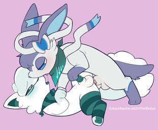 anal animal_genitalia balls blush clothing duo feral from_front_position genitals kissing legwear lying male male/male missionary_position on_back pawpads penis sex sheath simple_background thigh_highs tongue porldraws nintendo pokemon fan_character eeveelution generation_1_pokemon generation_6_pokemon pokemon_(species) sylveon vulpix absurd_res hi_res
