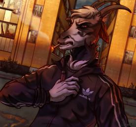 anthro building clothed clothing detailed_background fur grey_body grey_fur grumpy hair horn house male outside plant smoke smoking solo tan_body tan_fur tuft water white_body white_fur window kombat300 adidas bovid caprine goat mammal detailed digital_media_(artwork) full-length_portrait hi_res portrait