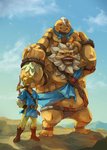 bottomwear carrying_another clothing eyes_closed group loincloth male muscular muscular_male not_furry outside pants pxltw breath_of_the_wild nintendo the_legend_of_zelda link lord_daruk yunobo goron humanoid 2019 hi_res